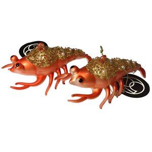 Dept 56 Lobster Glass Ornaments Lot of 2 Red Gold Faux Pearls 5.5” Beach Sea New